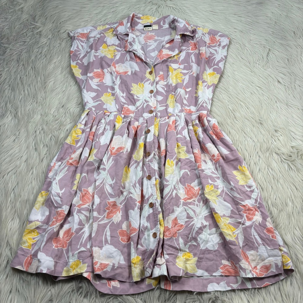 Roxy Women's L Purple Floral Button Front Shirt Dress Fit Flare Twee Feminine